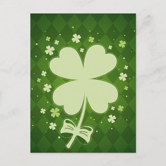 Lucky Green Diamond Four Leaf Ribbon Clover Announcement Postcard (Front)
