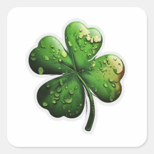 Lucky Green Four Leaf Clover with Dew Square Sticker