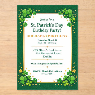 Lucky Green Gold Festive Shamrock Clover Birthday  Acrylic Invitations