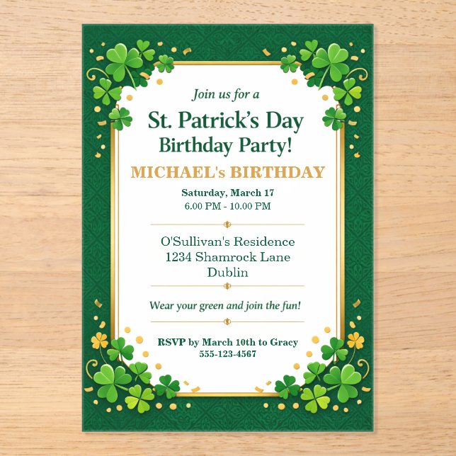 Lucky Green Gold Festive Shamrock Clover Birthday  Acrylic Invitations (Front)