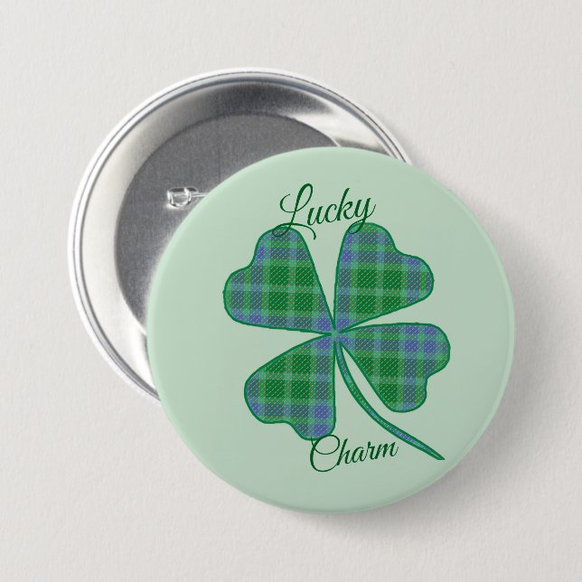 Lucky Green Plaid Shamrock Four-Leaf Clover  7.5 Cm Round Badge (Front & Back)