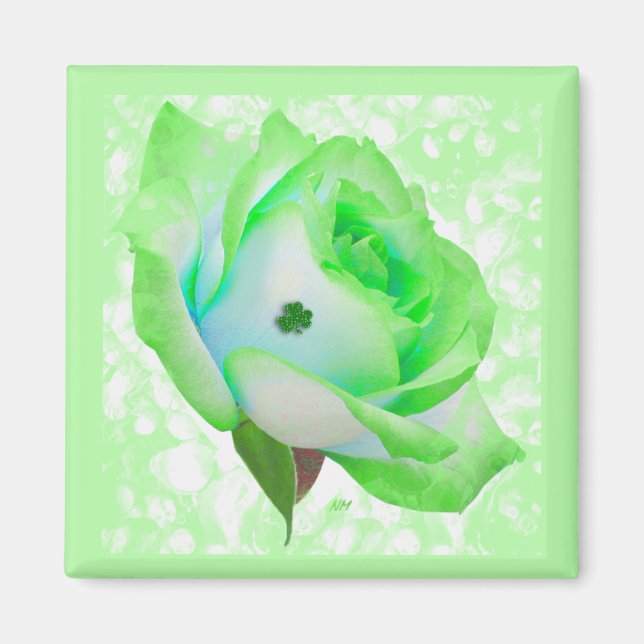 Lucky Green Rose, button Magnet (Front)