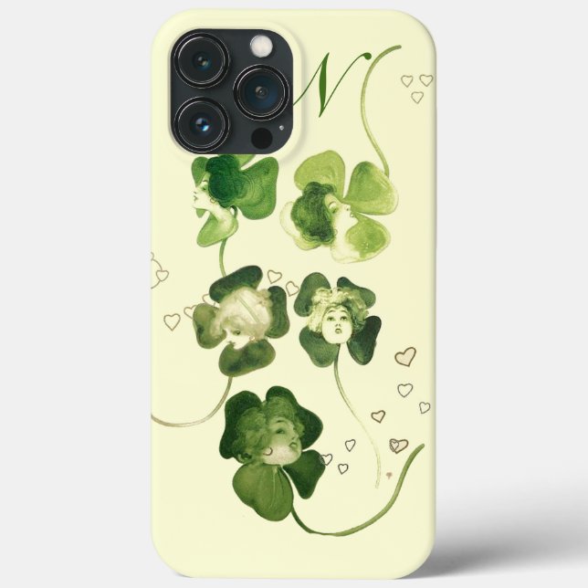 LUCKY GREEN SHAMROCK LADIES WITH HEARTS MONOGRAM Case-Mate iPhone CASE (Back)