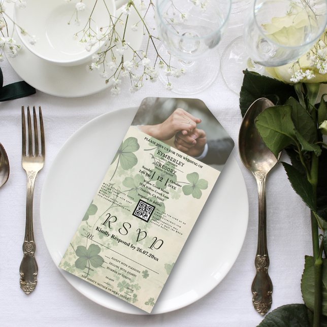 Lucky Green Shamrock on Cream QR Code Photo All In One Invitation (Creator Uploaded)