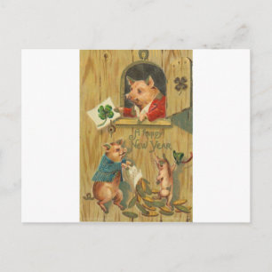 lucky horse shoe and pigs postcard