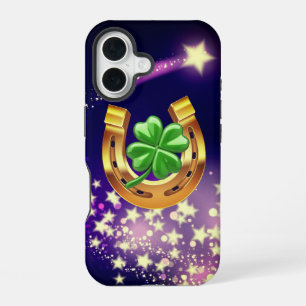 Lucky horseshoe 4 leaf clover shooting star purple iPhone 16 case