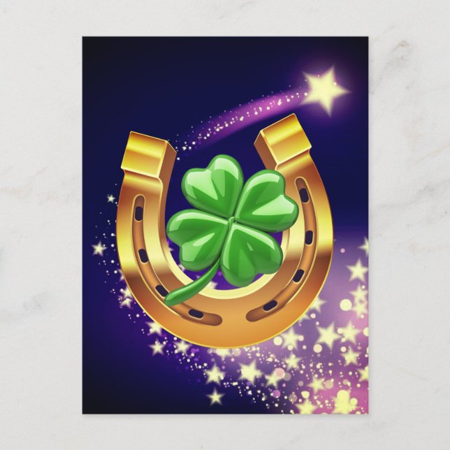 Lucky horseshoe 4 leaf clover shooting star purple postcard (Front)