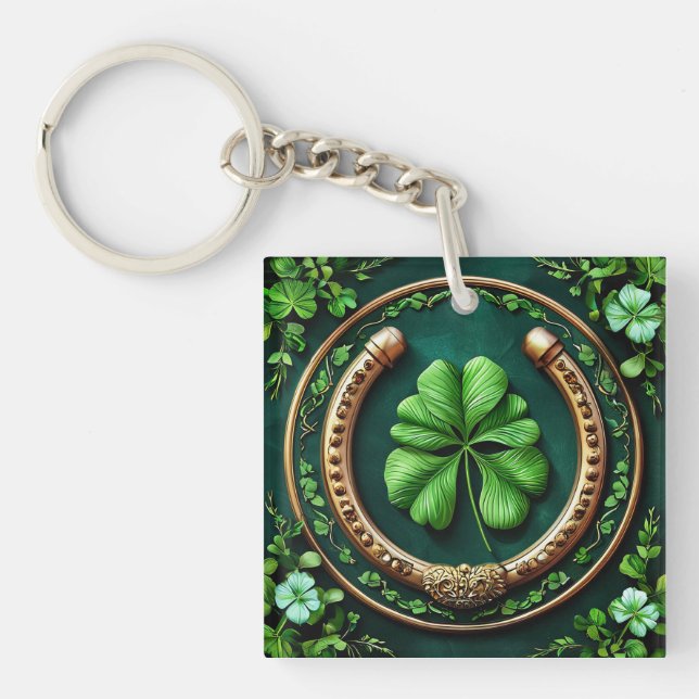 Lucky Horseshoe and Clover Design Key Ring (Front)
