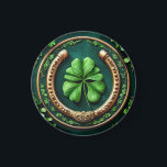 Lucky Horseshoe and Clover Design Magnet<br><div class="desc">Vibrant illustration depicting a golden horseshoe paired with a lush four-leaf clover and decorative green vines symbolising luck,  prosperity,  and nature.</div>