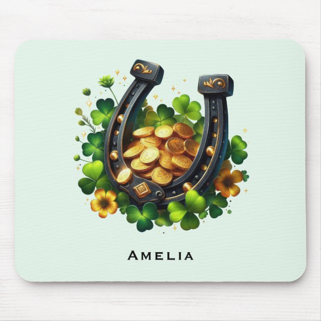 Lucky Horseshoe and Gold Coins St. Patrick's Day Mouse Pad (Front)