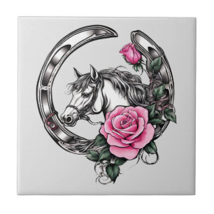 Lucky Horseshoe and Pink Roses Ceramic Tile