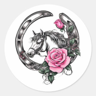 Lucky Horseshoe and Pink Roses  Classic Round Sticker