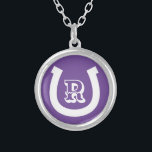 Lucky horseshoe charm logo custom monogram silver plated necklace<br><div class="desc">Lucky horseshoe charm logo custom monogram Silver Plated Necklace gift. Personalise with text,  lucky number,  name initials or monogram. Purple and white or custom colours. Great for farmer,  rancher,  horse rider,  horse lover etc.</div>
