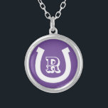 Lucky horseshoe charm logo custom monogram silver plated necklace<br><div class="desc">Lucky horseshoe charm logo custom monogram Silver Plated Necklace gift. Personalise with text,  lucky number,  name initials or monogram. Purple and white or custom colours. Great for farmer,  rancher,  horse rider,  horse lover etc.</div>