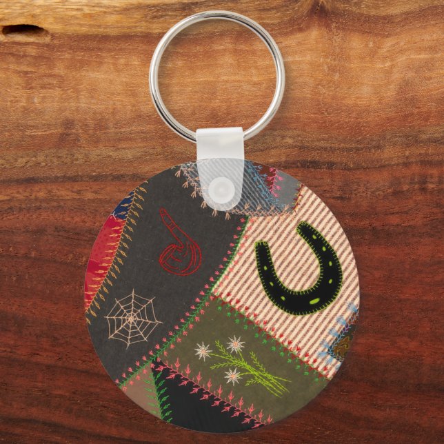 Lucky Horseshoe Colourful Patchwork Crazy Quilt Key Ring (Front)
