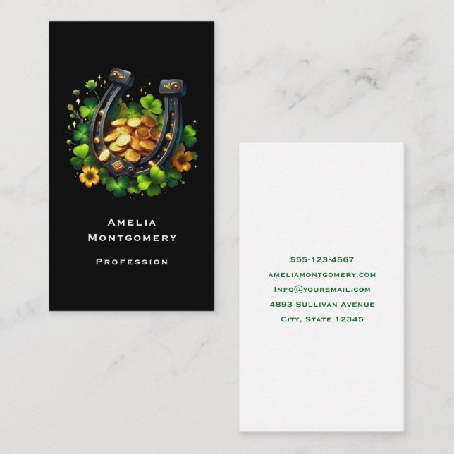 Lucky Horseshoe Gold Coins and Clover Business Card (Front/Back)