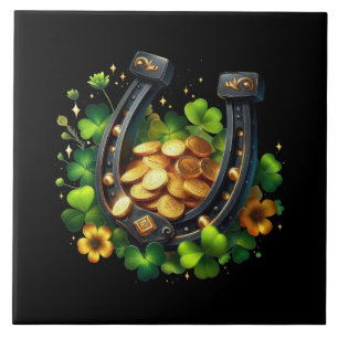 Lucky Horseshoe Gold Coins and Clover Ceramic Tile