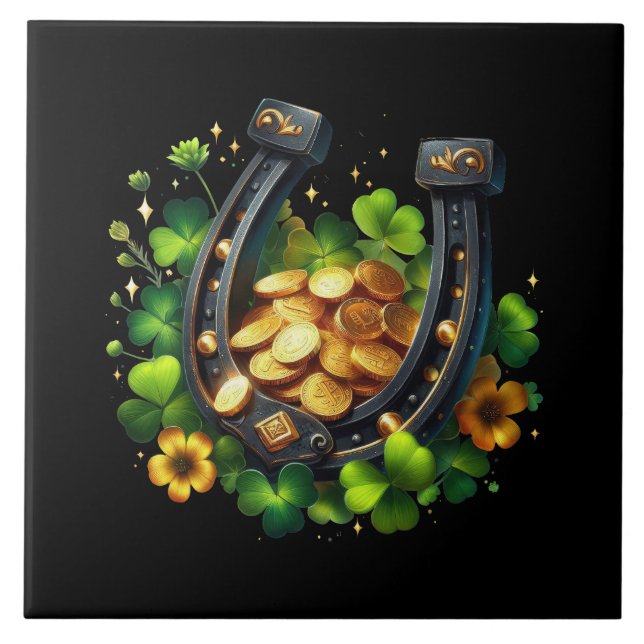 Lucky Horseshoe Gold Coins and Clover Ceramic Tile (Front)