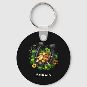 Lucky Horseshoe Gold Coins and Clover Key Ring