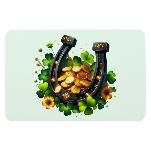 Lucky Horseshoe Gold Coins and Clover Magnet (Horizontal)