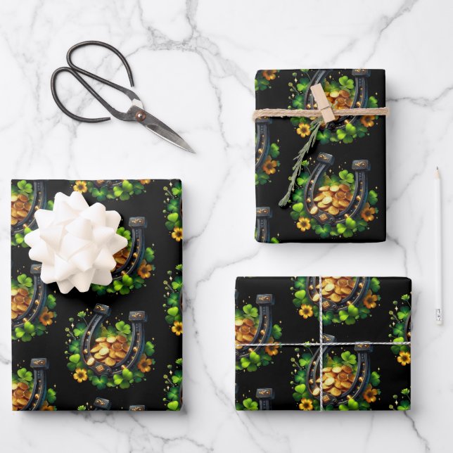 Lucky Horseshoe Gold Coins and Clover Pattern Wrapping Paper Sheet (Front)