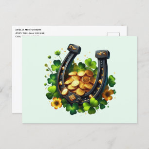 Lucky Horseshoe Gold Coins and Clover Postcard