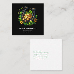 Lucky Horseshoe Gold Coins and Clover Square Business Card