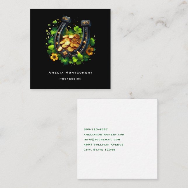 Lucky Horseshoe Gold Coins and Clover Square Business Card (Front/Back)