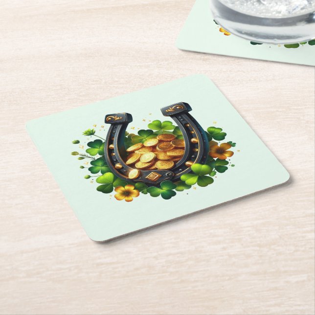 Lucky Horseshoe Gold Coins and Clover Square Paper Coaster (Angled)
