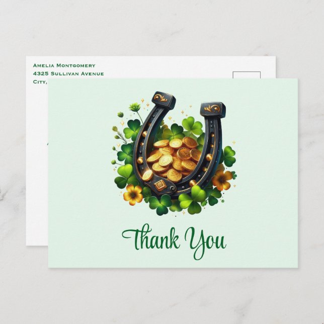 Lucky Horseshoe Gold Coins and Clover Thank You Postcard (Front/Back)