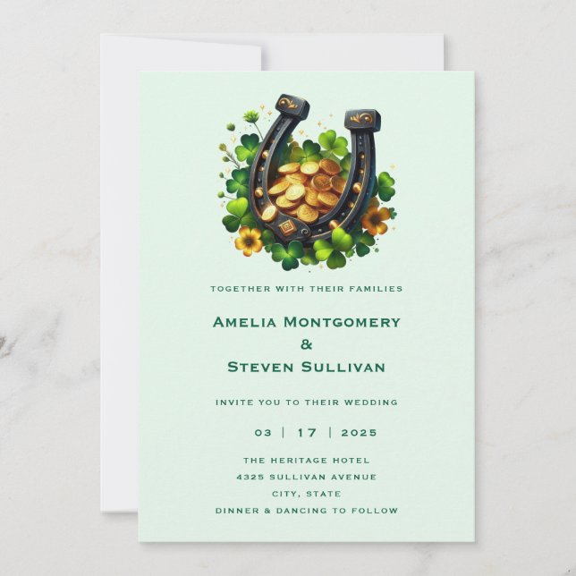 Lucky Horseshoe Gold Coins and Clover Wedding Invitation (Front)