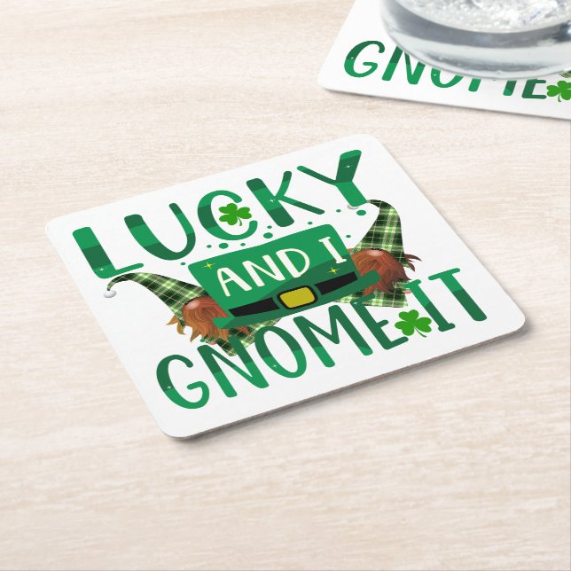 Lucky & I Gnome It St Patricks Day Party Square Paper Coaster (Angled)