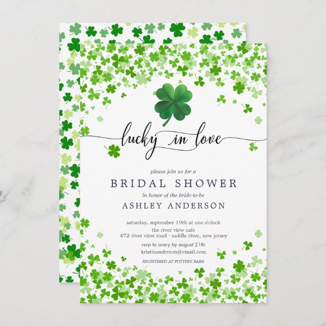 Lucky in Love 4 Leaf Clover Bridal Shower  Invitat Invitation (Front/Back)