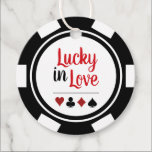 Lucky In Love Black White Poker Chip Wedding Favour Tags<br><div class="desc">Getting married in Las Vegas or another fun casino city? Or having a casino themed wedding? These "Lucky in Love" white and black favour tags would make a perfect addition to your guest's favours. Personalise your design with your names in black in the centre, and a wedding date, thank you,...</div>