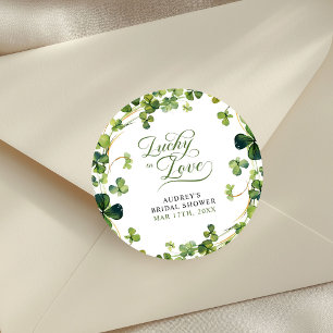 Lucky in Love Bridal Shower Green Shamrock  Classic Round Sticker
