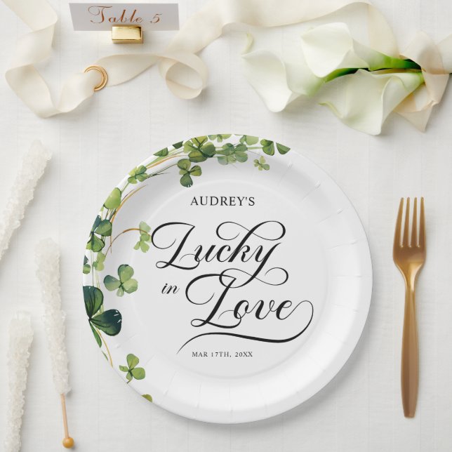 Lucky in Love Bridal Shower Green Shamrock  Paper Plate (Wedding)