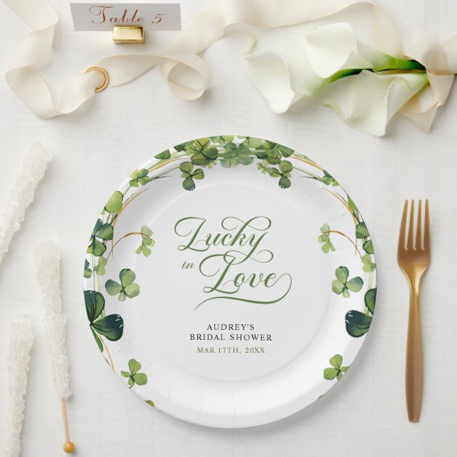 Lucky in Love Bridal Shower Green Shamrock  Paper Plate (Wedding)