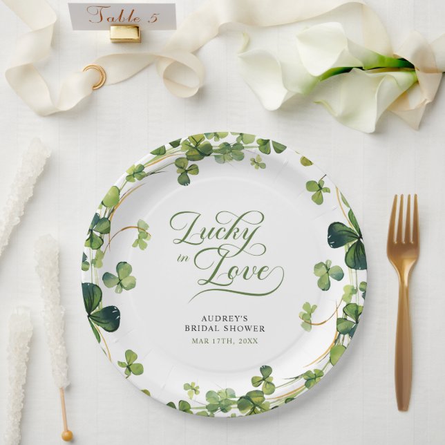 Lucky in Love Bridal Shower Green Shamrock  Paper Plate (Wedding)
