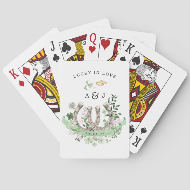 Lucky in Love | Clover Horseshoes Wedding  Playing Cards (Back)
