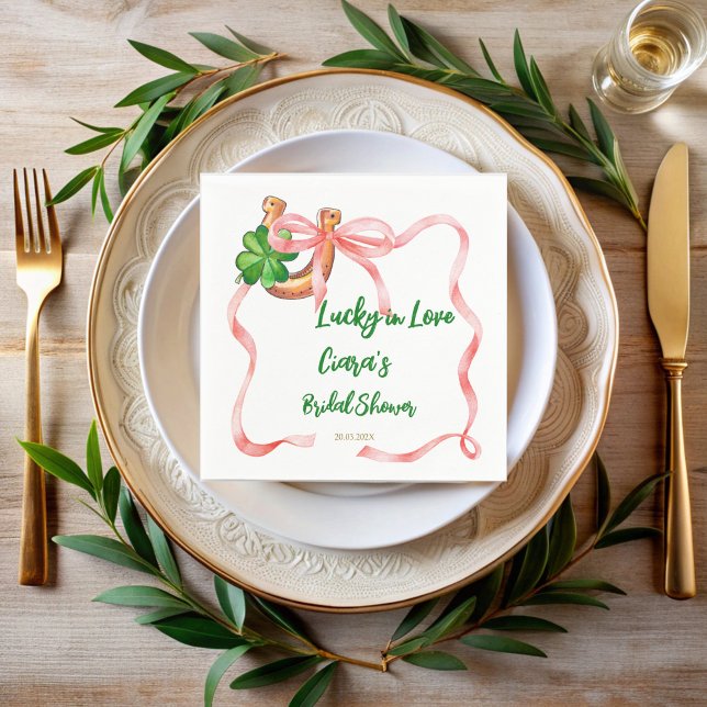 Lucky in love clover leaf bow ribbon bridal shower napkin (Lucky in love clover leaf bow ribbon st Patrick day bridal shower monogrammed napkins)
