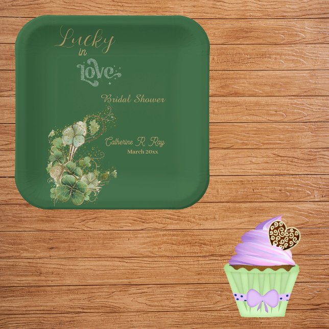  Lucky in Love Gold Shimmer Shamrock Bridal Shower Paper Plate (Lucky in Love Gold Shimmer Shamrock Bridal Shower Paper Plates)