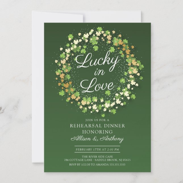 Lucky in Love Golden Shamrocks Rehearsal Dinner Invitation (Front)
