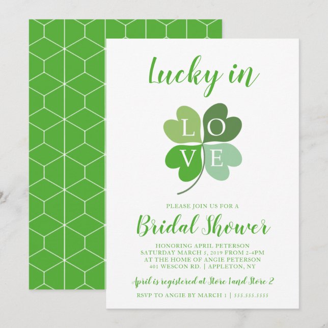 Lucky In Love Green Heart Shamrock Bridal Shower Invitation (Front/Back)