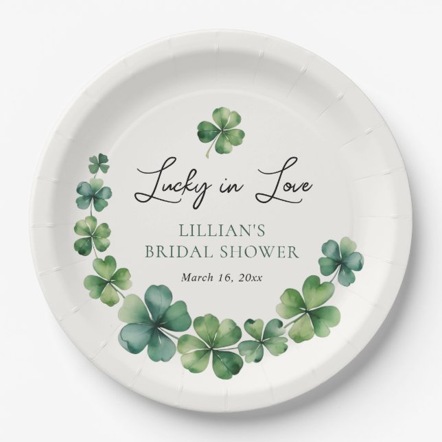 Lucky in Love Green Shamrock Bridal Shower  Paper Plate (Front)