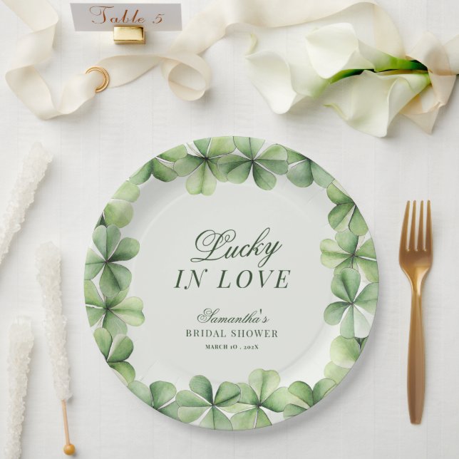 Lucky in Love Green Shamrock Bridal Shower  Paper Plate (Wedding)