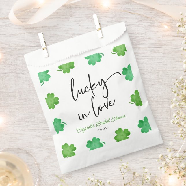 Lucky In Love Green Shamrock Clovers Bridal Shower Favour Bag (Clipped)