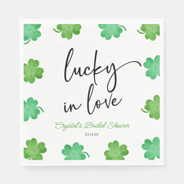 Lucky In Love Green Shamrock Clovers Bridal Shower Napkin (Front)