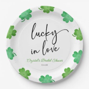 Lucky In Love Green Shamrock Clovers Bridal Shower Paper Plate