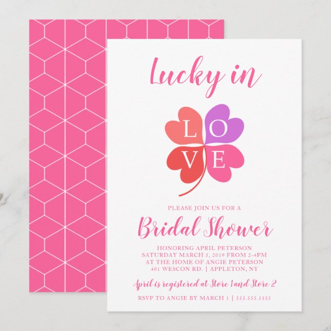 Lucky In Love Heart Shamrock Bridal Shower Invitation (Front/Back)