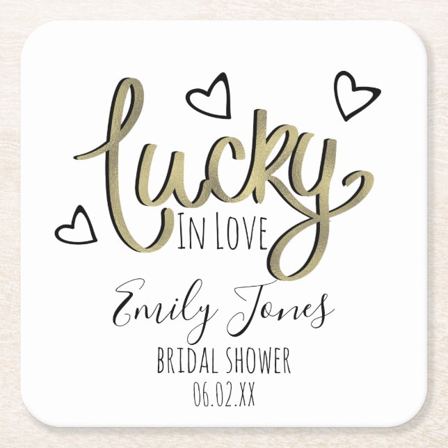 Lucky in Love Hearts Bridal Shower Square Paper Coaster (Front)
